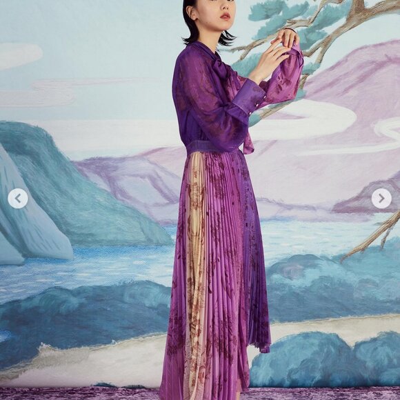 Mukzin Purple Pleated Asymmetrical Dress with Bow Tie Neck - NWT - Picture 7 of 7